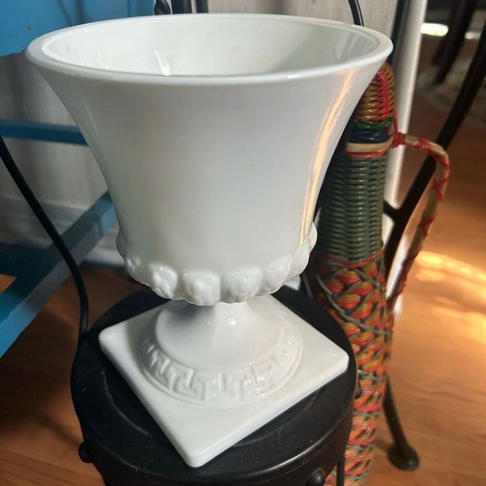 Vintage White Milk Glass Greek Key Wheat Pattern Pedestal Urn Compote Planter